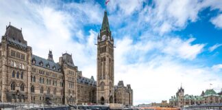 The ground directly in front of Centre Block on Parliament Hill — seen here in May 2023 — is being excavated in order to build a new underground welcome centre for visitors. (Photo credit: Public Services and Procurement Canada)